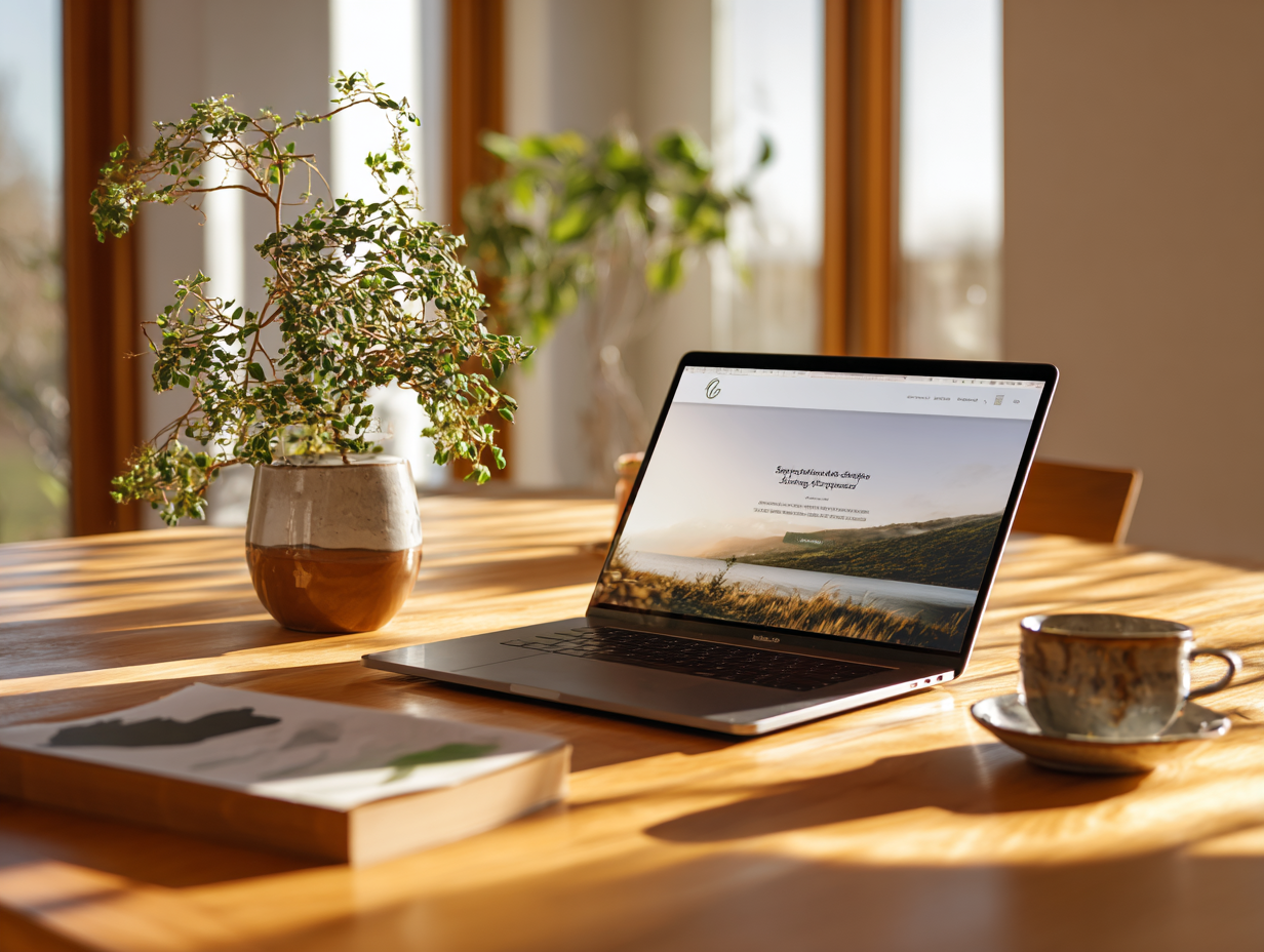 Ordinateur portable sur un bureau en bois, symbole du télétravail et du freelancing web