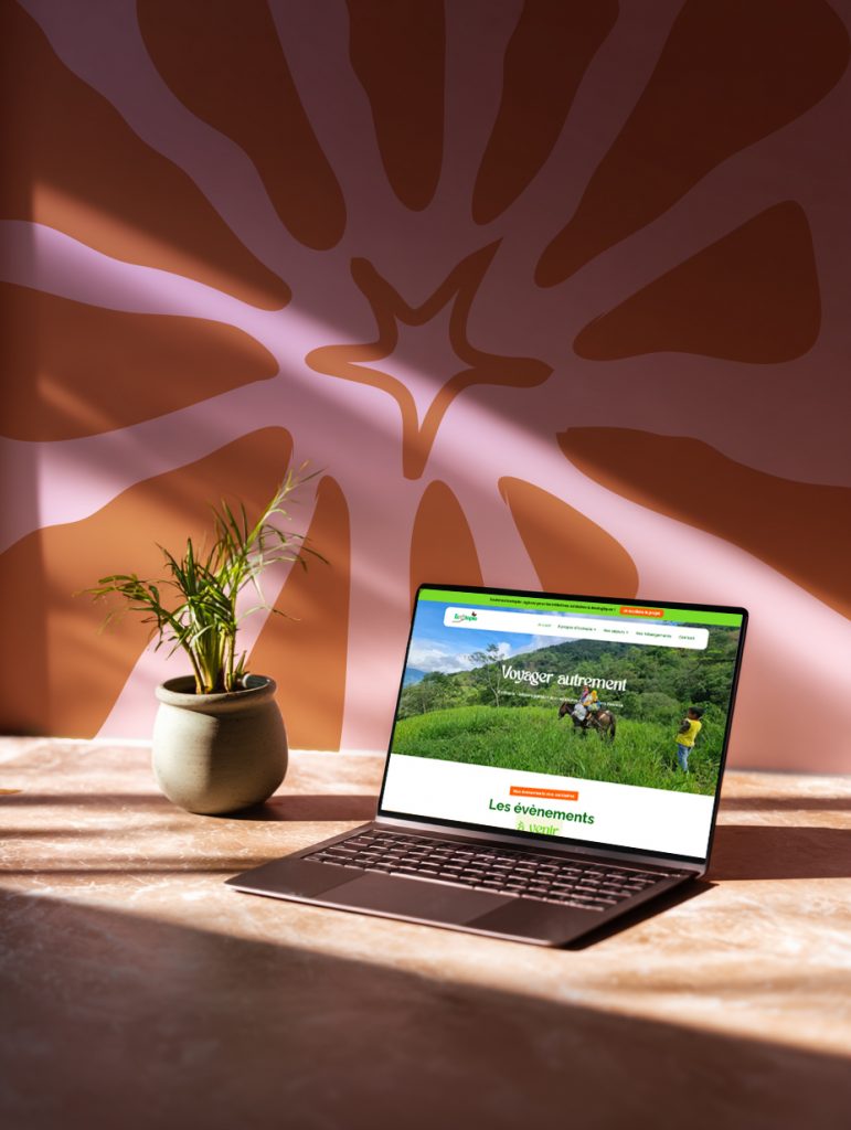 Ordinateur portable affichant un site de séjours éco-solidaire, posé à côté d'une plante verte devant un mur avec une fresque murale rose et ocre
