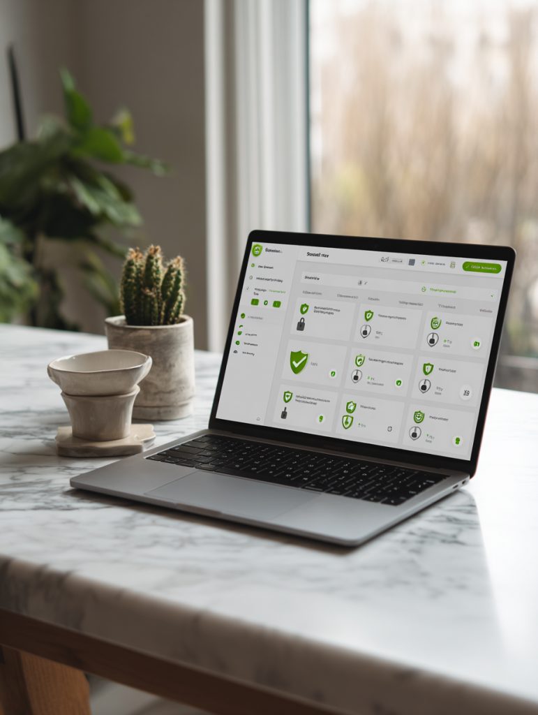 Ordinateur portable affichant un site web dans un environnement de bureau lumineux