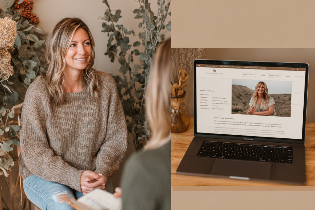 Femme présentant un projet web sur ordinateur lors d'une consultation