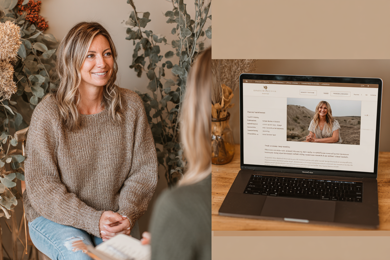 Femme présentant un projet web sur ordinateur lors d'une consultation
